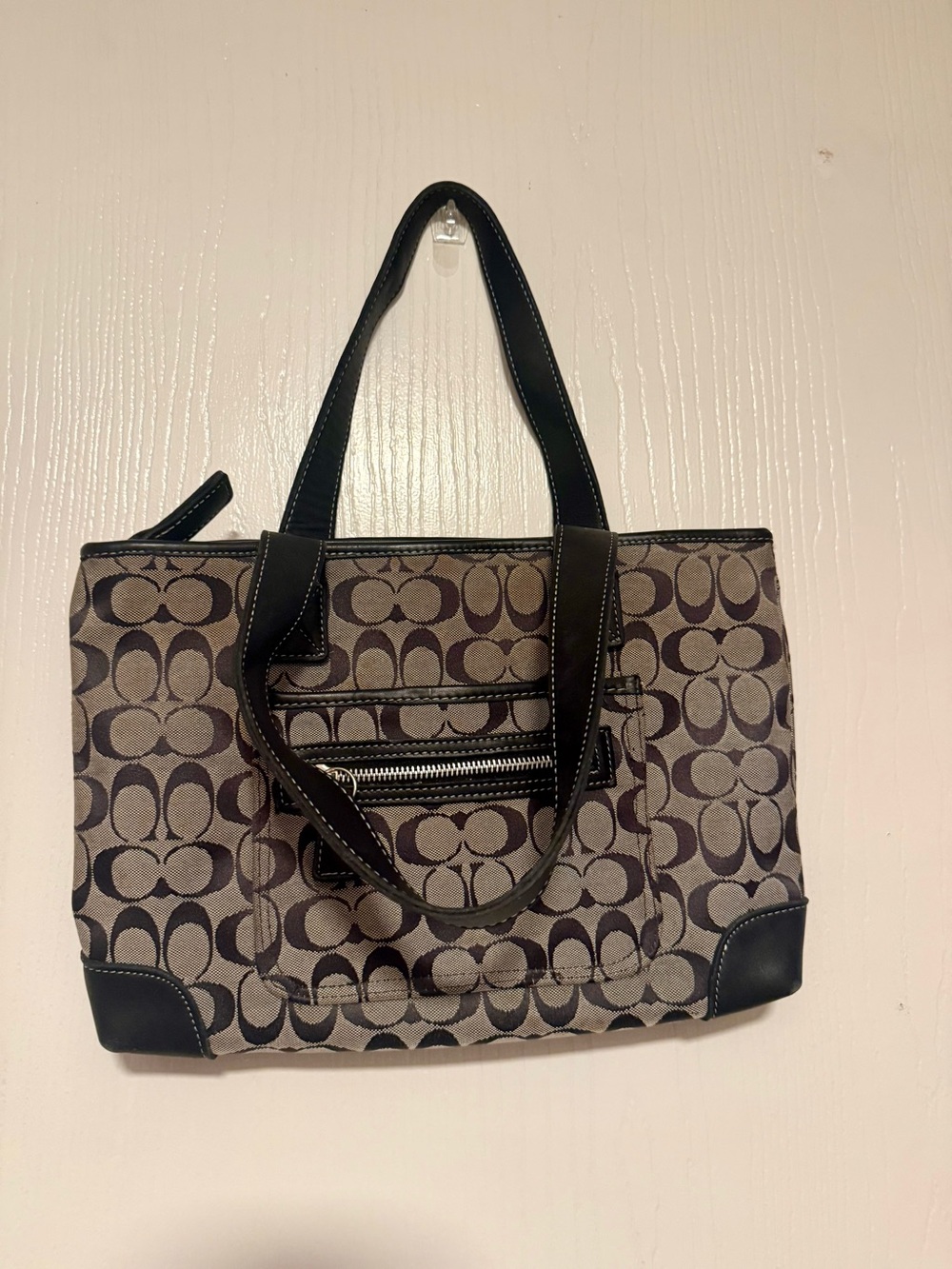 Vintage Signature C Monogram Canvas Leather Tote Bag Black Gray Zip Top Handbag